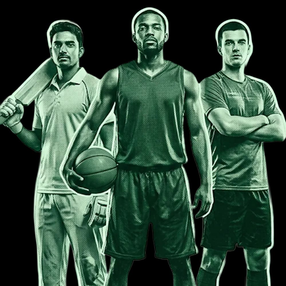 Three players side by side: a cricketer, a basketball player and a footballer