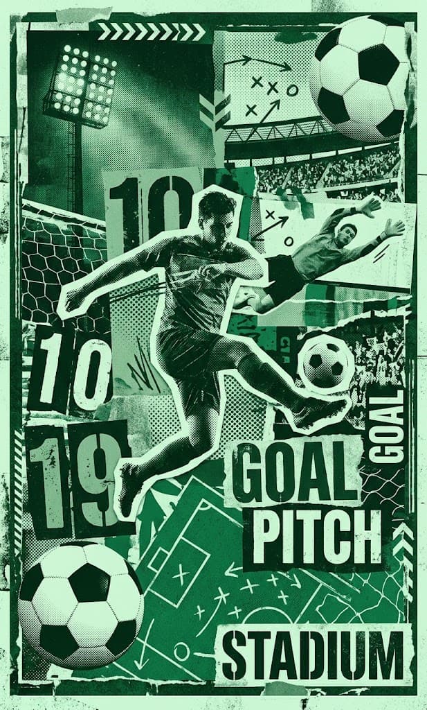 Football poster collage: a striker mid-kick, a goalkeeper diving, stadium lights and tactics diagrams