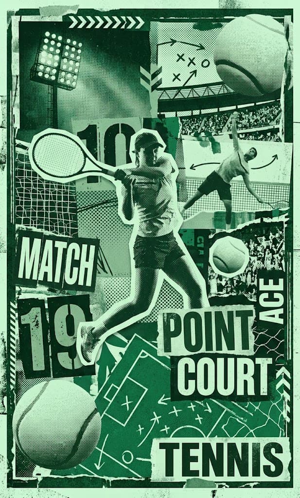 Tennis poster collage: a player hitting a forehand, a serve, tennis balls and a court diagram